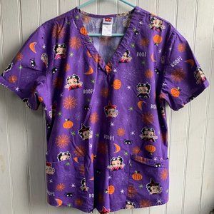 Betty Boop Purple Halloween Scrub Top - Size Medium Witch Pumpkin Spider Scary!